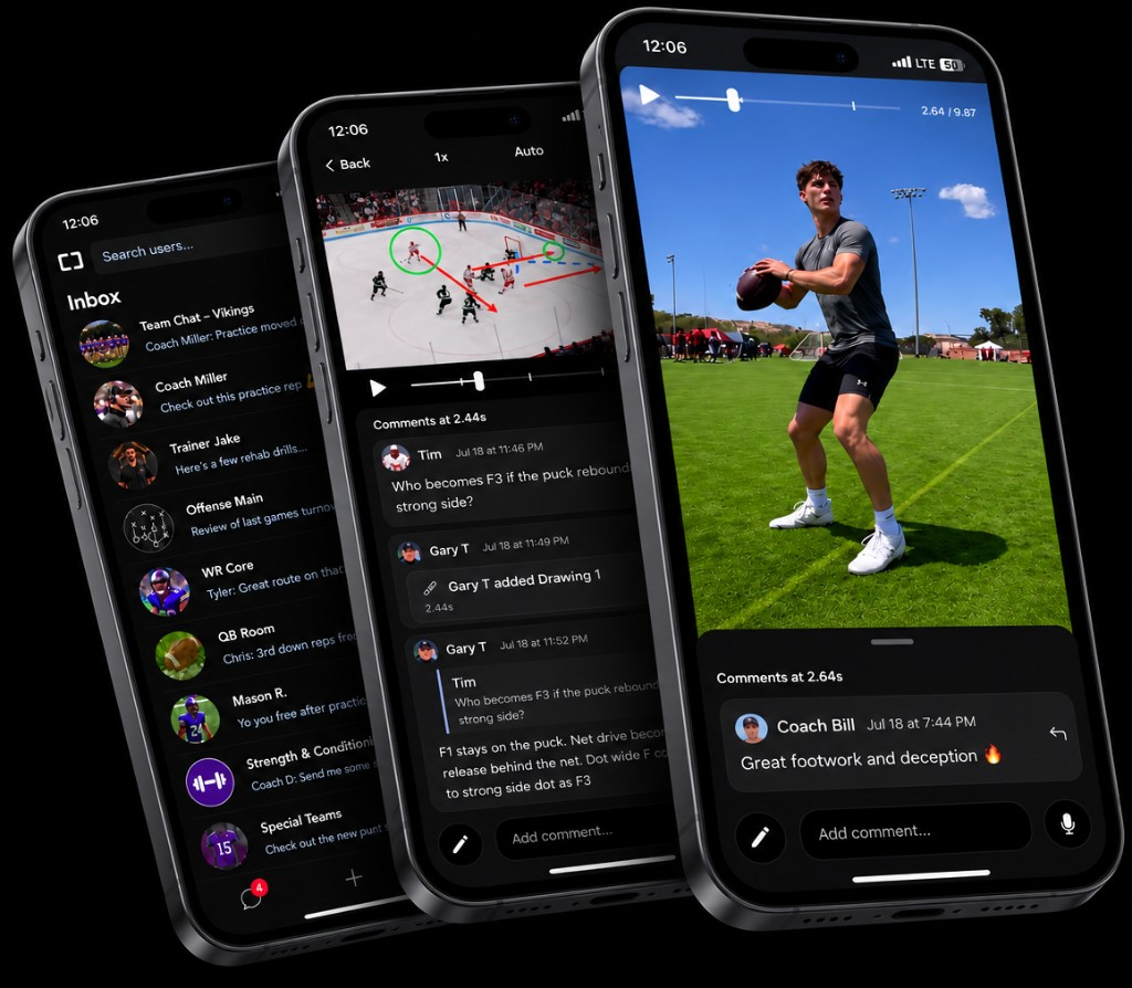 ClipIt app screens: inbox messaging, timestamped video comments, and coaching feedback